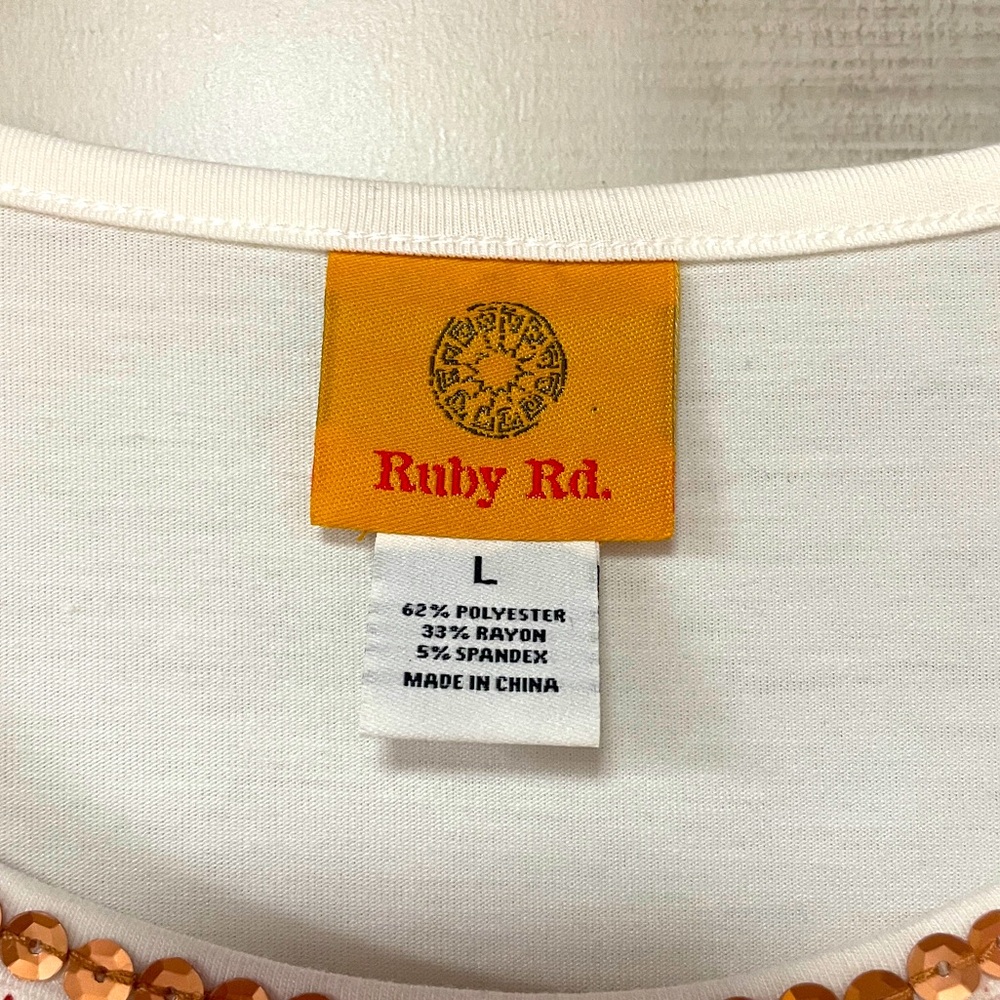 NWT Ruby Rd White With  Bronze Sequin Front Short Sleeve Tee Sz L - Picture 3 of 6